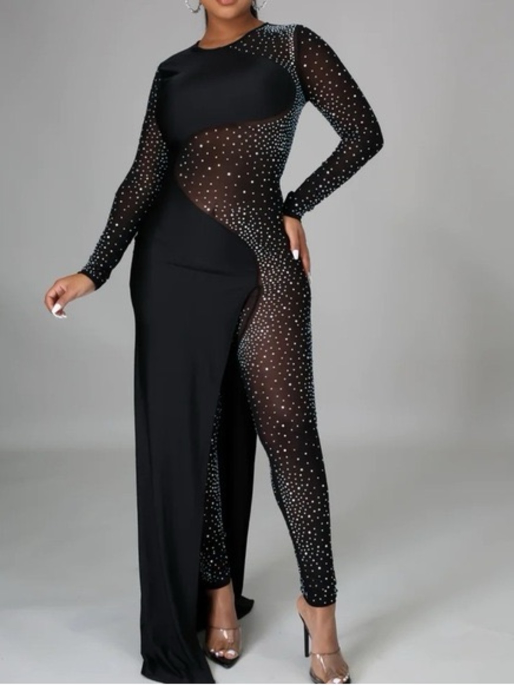 Black Rhinestone Sheer-Panel Maxi Dress with Long Sleeves